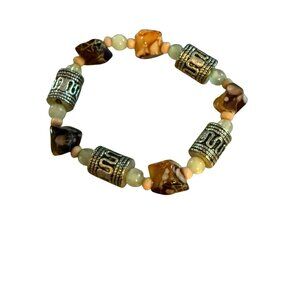 Natural Stone Agate and Jade Bali Beaded Bracelet With Silver-tone Snake Beads
